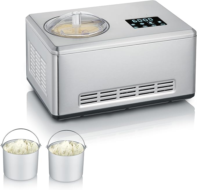 E+D12.01 Creammaker Eismaschine Cream Maker 2 l mit Joghurtfunktion Edelstahl 180 Watt mit 2 x 2 L Behälter inkl. Portionierer