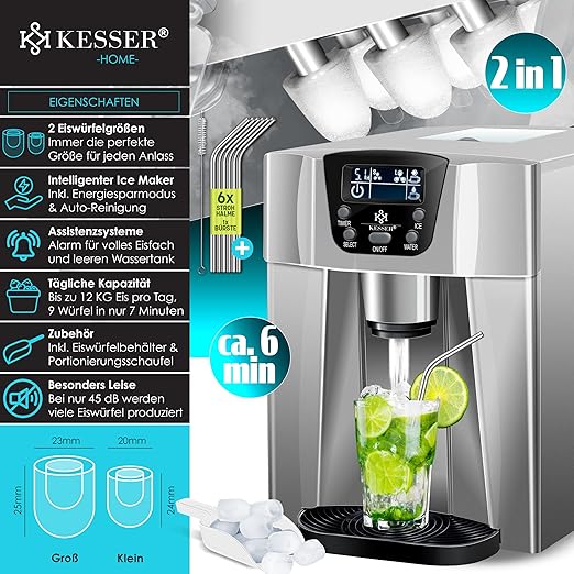 GBT9.2 Eiswürfelbereiter Eiswürfelmaschine Edelstahl 100 W Eisbereiter 12 kg in 24 h 2 Würfelgrößen Zubereitung in 6 Min. 2 Liter Wassertank Timer LCD-Display – Bild 2