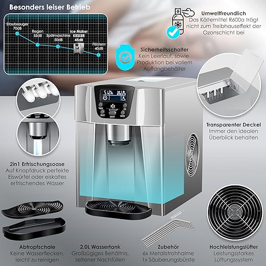 GBT9.2 Eiswürfelbereiter Eiswürfelmaschine Edelstahl 100 W Eisbereiter 12 kg in 24 h 2 Würfelgrößen Zubereitung in 6 Min. 2 Liter Wassertank Timer LCD-Display – Bild 6