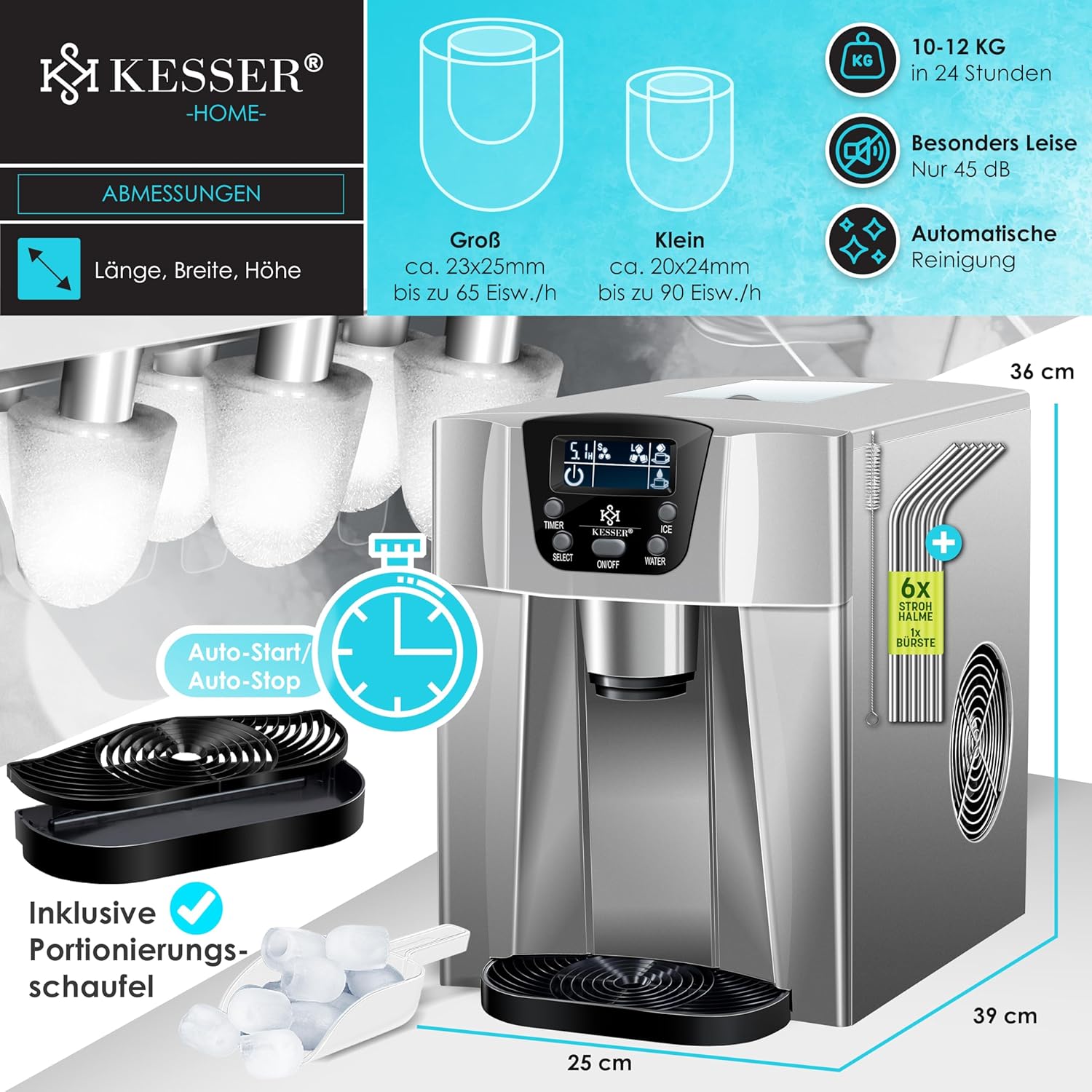 GBT9.2 Eiswürfelbereiter Eiswürfelmaschine Edelstahl 100 W Eisbereiter 12 kg in 24 h 2 Würfelgrößen Zubereitung in 6 Min. 2 Liter Wassertank Timer LCD-Display – Bild 7