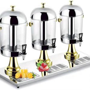 E+D10.2 Saftspender 3 x 8 L Getränkespender Teespender Wasserspender mit Eisbehälter 24 l für Partys Frühstücksbuffets Bars Hotels dreiköpfiger aus Edelstahl Gold für Heißgetränke / Kaltgetränke