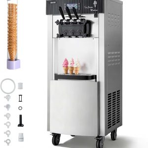 E+D03.08 Kommerzielle Softeismaschine 2200 W Eismaschine freistehende mit 20-28 L/h Produktion 3 Geschmacksrichtungen & 2 Behältern 2 x 6 L Vorkühlung & Selbstreinigung