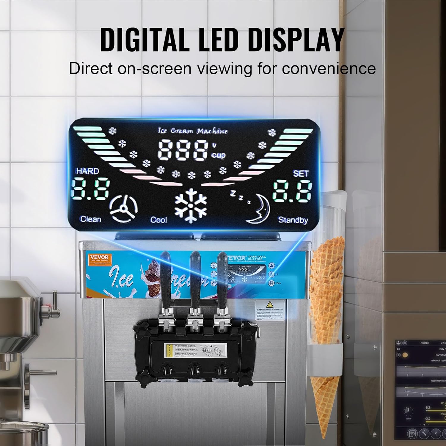 E+D03.06 Profi Softeismaschine 21–31 l/h freistehend 3 Geschmacksrichtungen 2 x 5,5 L Edelstahlzylinder LED-Panel automatische Vorkühlung gewerbliches Profigerät – Bild 6