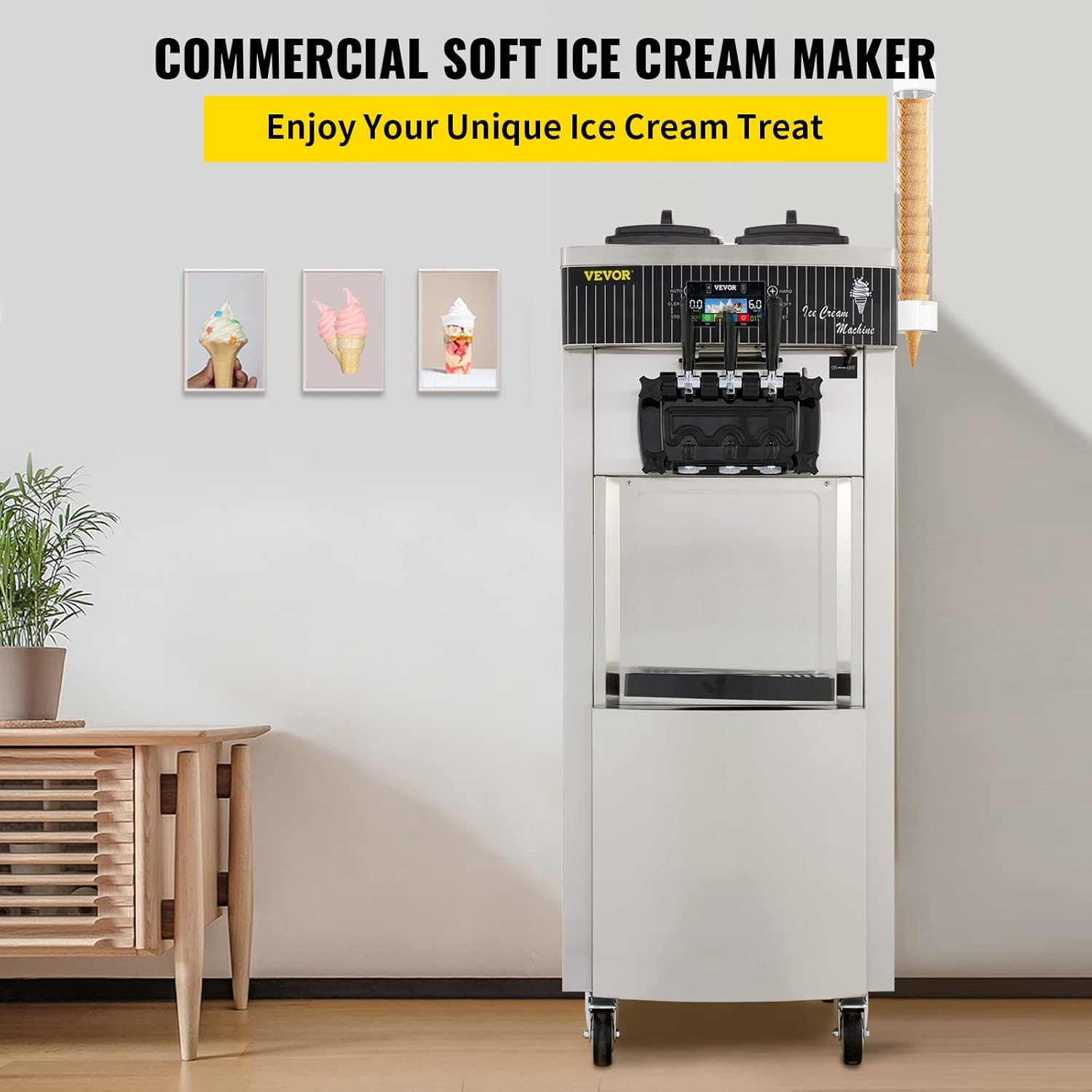 E+D03.07 Speiseeisbereiter stehende kommerzielle Softeismaschine Eismaschine 2 x 6 L Ice Cream Maker 20-28 L/h 220 V Edelstahl Maschine Eierkegel – Bild 4