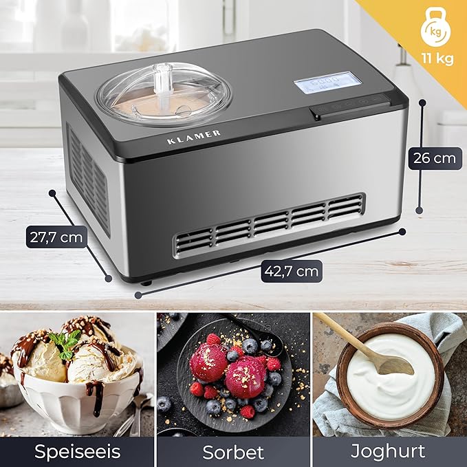 E+D12 Streicheis Maschine Eismaschine & Joghurtbereiter 2 L Speiseeis Maschine 180 W Edelstahl Eismaschine mit Kühl- und Heizfunktion selbstgemachtes Speiseeis mit selbstkühlendem Kompressor – Bild 2