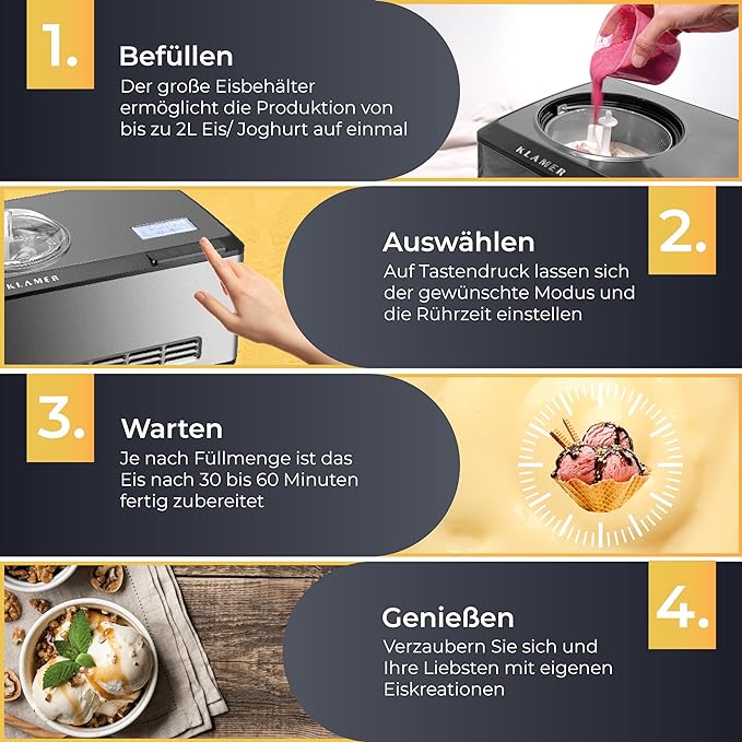 E+D12 Streicheis Maschine Eismaschine & Joghurtbereiter 2 L Speiseeis Maschine 180 W Edelstahl Eismaschine mit Kühl- und Heizfunktion selbstgemachtes Speiseeis mit selbstkühlendem Kompressor – Bild 4