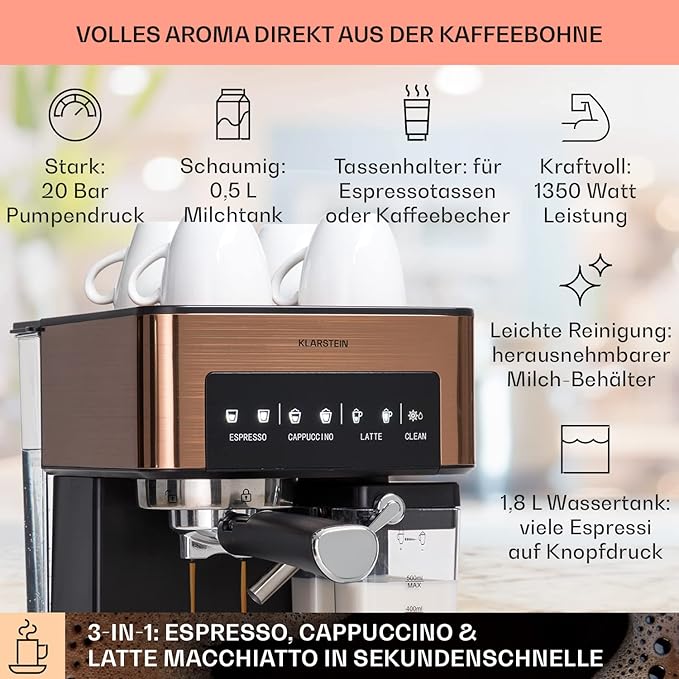 C+G20.93.3 Espressomaschine Mini-Espressomaschine Kaffeevollautomat mit Milchaufschäumer 1,8 l mit Siebträger 20 bar Edelstahl 0,5 l Milchtank 1350 W für gemahlenen Kaffee – Bild 5