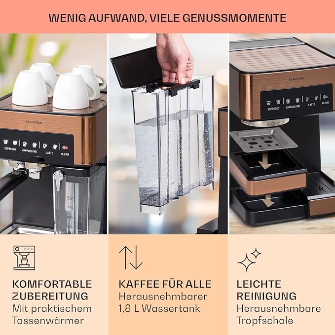 C+G20.93.3 Espressomaschine Mini-Espressomaschine Kaffeevollautomat mit Milchaufschäumer 1,8 l mit Siebträger 20 bar Edelstahl 0,5 l Milchtank 1350 W für gemahlenen Kaffee – Bild 7