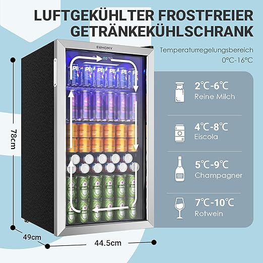 E+T17.05 Getränkeschrank Getränkekühlschrank Mini-Kühlschrank Kühlschrank Getränkekühler Minikühlschrank 90 L 0 – 16°C mit verstellbaren Ablagen für Limonade Bier oder Wein perfekt für Zuhause/Bar/Büro Silber Edelstahl – Bild 3