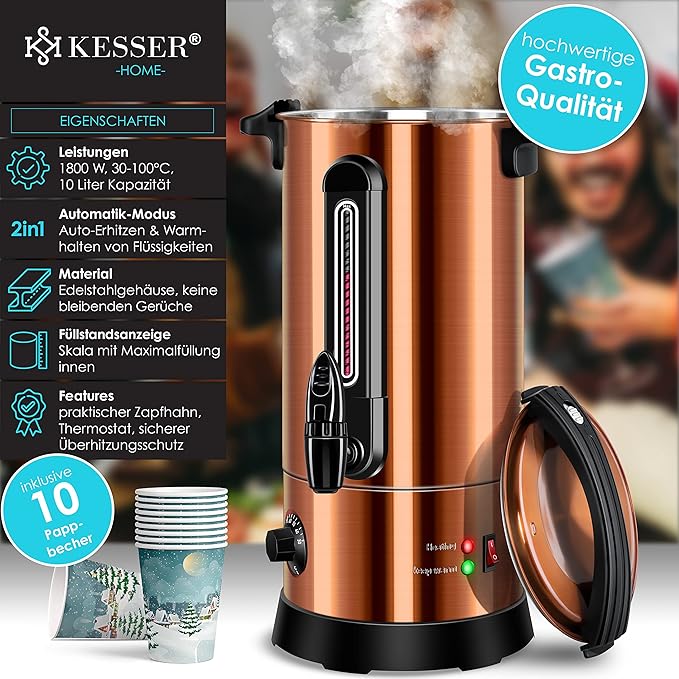 !C+G20.95 Glühweinkessel 10 L Edelstahl 1800 W 30-100°C Glühweinkocher Thermostat Glühweinautomat Heißgetränkeautomat Wasserkocher Heißwasserspender Einkochautomat Füllstandsanzeige Kakaokocher mit Zapfanlage Punschkocher Glühweinzapfanlage – Bild 2