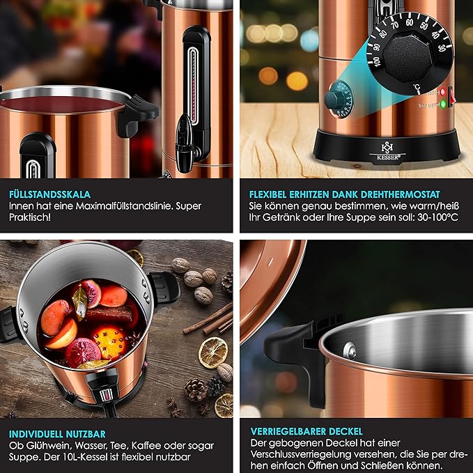 !C+G20.95 Glühweinkessel 10 L Edelstahl 1800 W 30-100°C Glühweinkocher Thermostat Glühweinautomat Heißgetränkeautomat Wasserkocher Heißwasserspender Einkochautomat Füllstandsanzeige Kakaokocher mit Zapfanlage Punschkocher Glühweinzapfanlage – Bild 3
