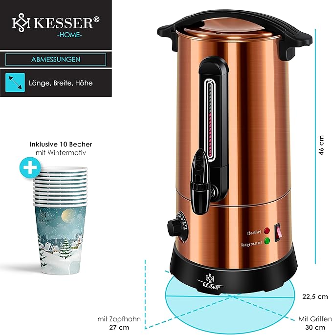 !C+G20.95 Glühweinkessel 10 L Edelstahl 1800 W 30-100°C Glühweinkocher Thermostat Glühweinautomat Heißgetränkeautomat Wasserkocher Heißwasserspender Einkochautomat Füllstandsanzeige Kakaokocher mit Zapfanlage Punschkocher Glühweinzapfanlage – Bild 7