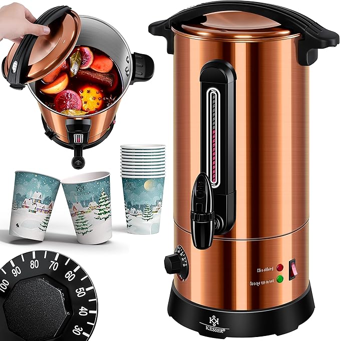 !C+G20.95 Glühweinkessel 10 L Edelstahl 1800 W 30-100°C Glühweinkocher Thermostat Glühweinautomat Heißgetränkeautomat Wasserkocher Heißwasserspender Einkochautomat Füllstandsanzeige Kakaokocher mit Zapfanlage Punschkocher Glühweinzapfanlage