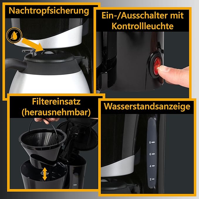 C+G20.9 Camping Kaffeemaschine mit Thermoskanne Kaffeevollautomat für 8-10 Tassen Filterkaffee Tropf-Stopp & Abschaltautomatik Filtereinsatz herausnehmbar Wasserstandsanzeige Strombetrieb 230 V – Bild 4