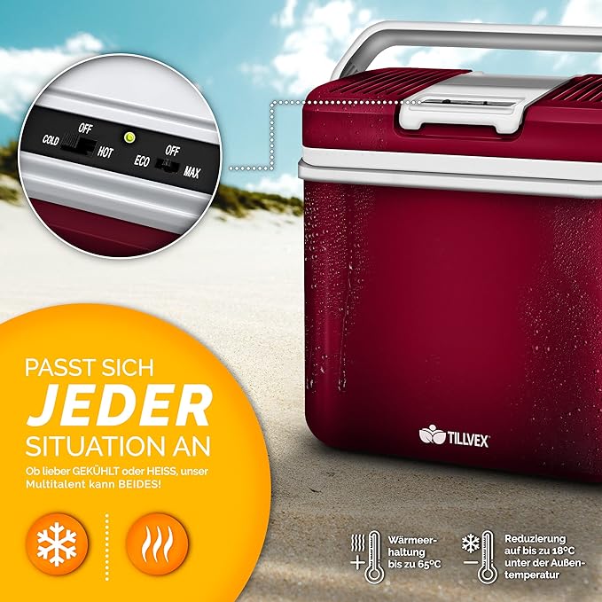 C+G45.1 Kühlbox 24 L Warmhaltebox Kühltasche elektrisch Mini Kühlschrank 230 V und 12 V Auto Camping Strand Kühlt + Wärmt Eco Modus Tagestouren + Camping – Bild 2