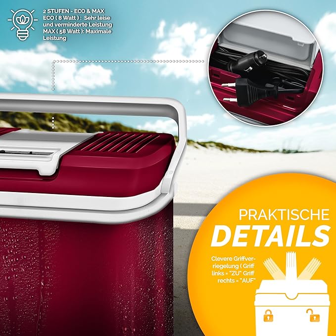 C+G45.1 Kühlbox 24 L Warmhaltebox Kühltasche elektrisch Mini Kühlschrank 230 V und 12 V Auto Camping Strand Kühlt + Wärmt Eco Modus Tagestouren + Camping – Bild 4