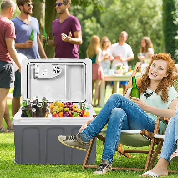 C+G45.6 Kühlbox 48 L mit Rollen tragbarer Mini Kühlschrank 12V 220V thermoelektrische Kühlbox mit Kühl- und Warmhaltefunktion elektrische Kühlbox mit Eco-Modus für Auto Boot Camping grau – Bild 2