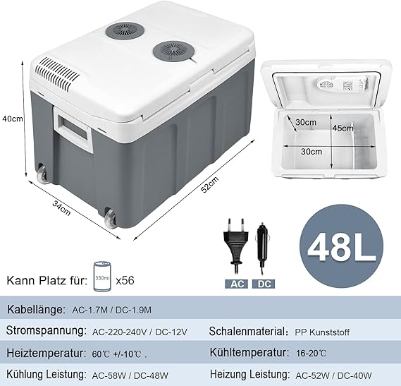 C+G45.6 Kühlbox 48 L mit Rollen tragbarer Mini Kühlschrank 12V 220V thermoelektrische Kühlbox mit Kühl- und Warmhaltefunktion elektrische Kühlbox mit Eco-Modus für Auto Boot Camping grau – Bild 3