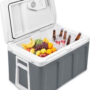 C+G45.6 Kühlbox 48 L mit Rollen tragbarer Mini Kühlschrank 12V 220V thermoelektrische Kühlbox mit Kühl- und Warmhaltefunktion elektrische Kühlbox mit Eco-Modus für Auto Boot Camping grau