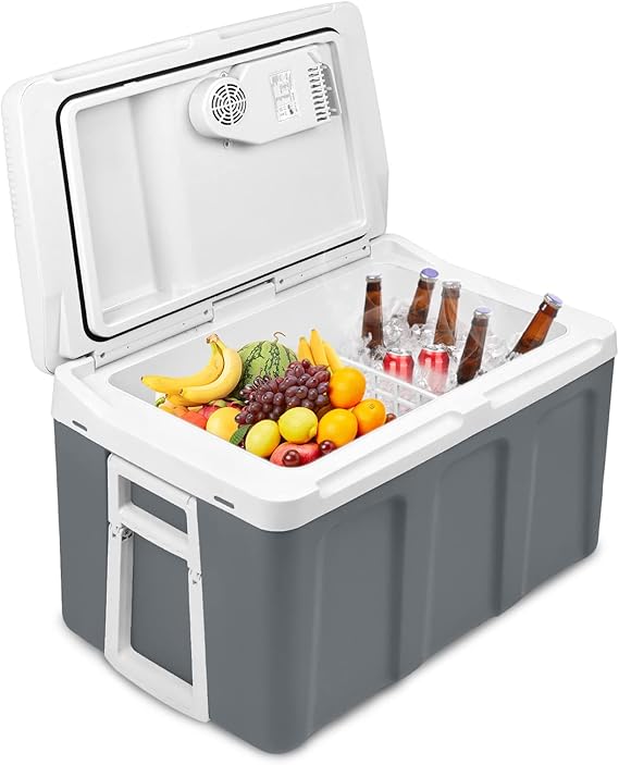 C+G45.6 Kühlbox 48 L mit Rollen tragbarer Mini Kühlschrank 12V 220V thermoelektrische Kühlbox mit Kühl- und Warmhaltefunktion elektrische Kühlbox mit Eco-Modus für Auto Boot Camping grau