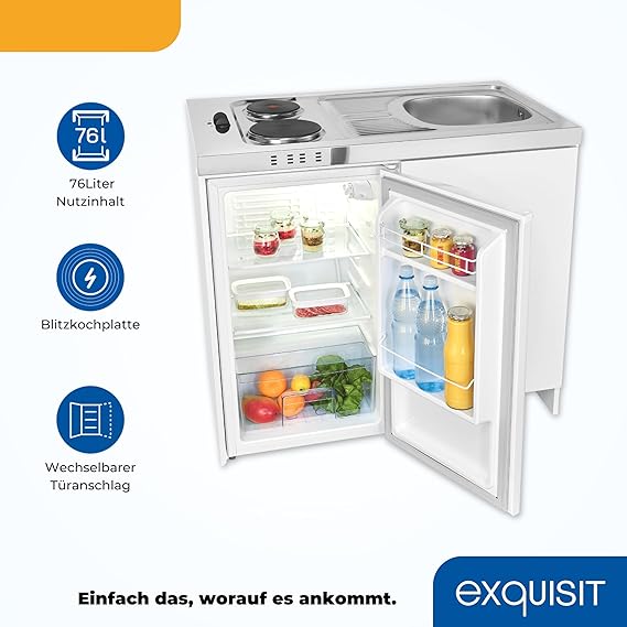 C+G20.01 Mini-Küche Miniküche weiss Kühlschrank mit 76 l Nutzinhalt Masse-Kochfeld elektrisch Edelstahl-Spüle 230 Volt inkl. Armaturen – Bild 4