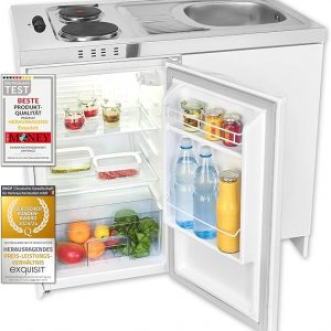 C+G20.01 Mini-Küche Miniküche weiss Kühlschrank mit 76 l Nutzinhalt Masse-Kochfeld elektrisch Edelstahl-Spüle 230 Volt inkl. Armaturen