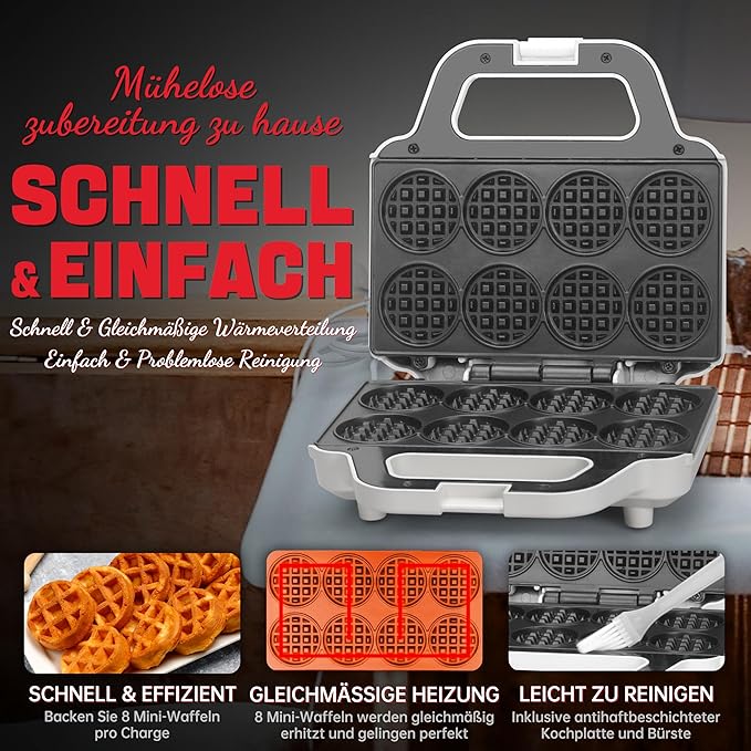 C+G20.19.02 Mini-Waffelmaschine Waffeleisen kleine Waffelmaschine backt 8 x 5 cm winzige Waffeln kompakt & einfach zu bedienen antihaftbeschichtete Oberfläche – Bild 4