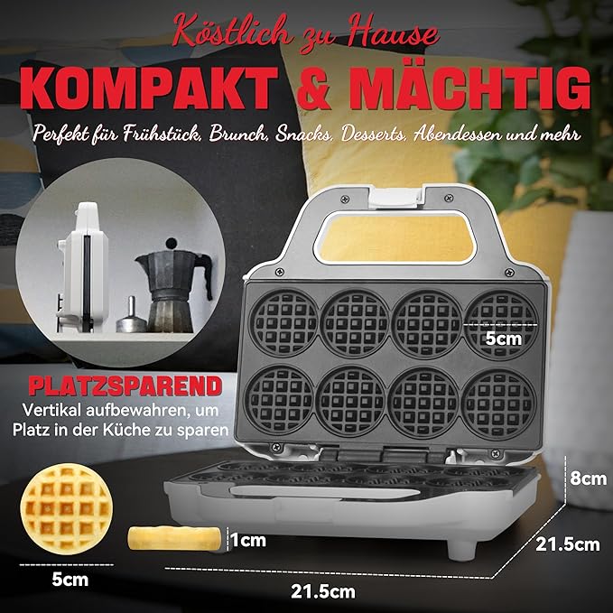 C+G20.19.02 Mini-Waffelmaschine Waffeleisen kleine Waffelmaschine backt 8 x 5 cm winzige Waffeln kompakt & einfach zu bedienen antihaftbeschichtete Oberfläche – Bild 6