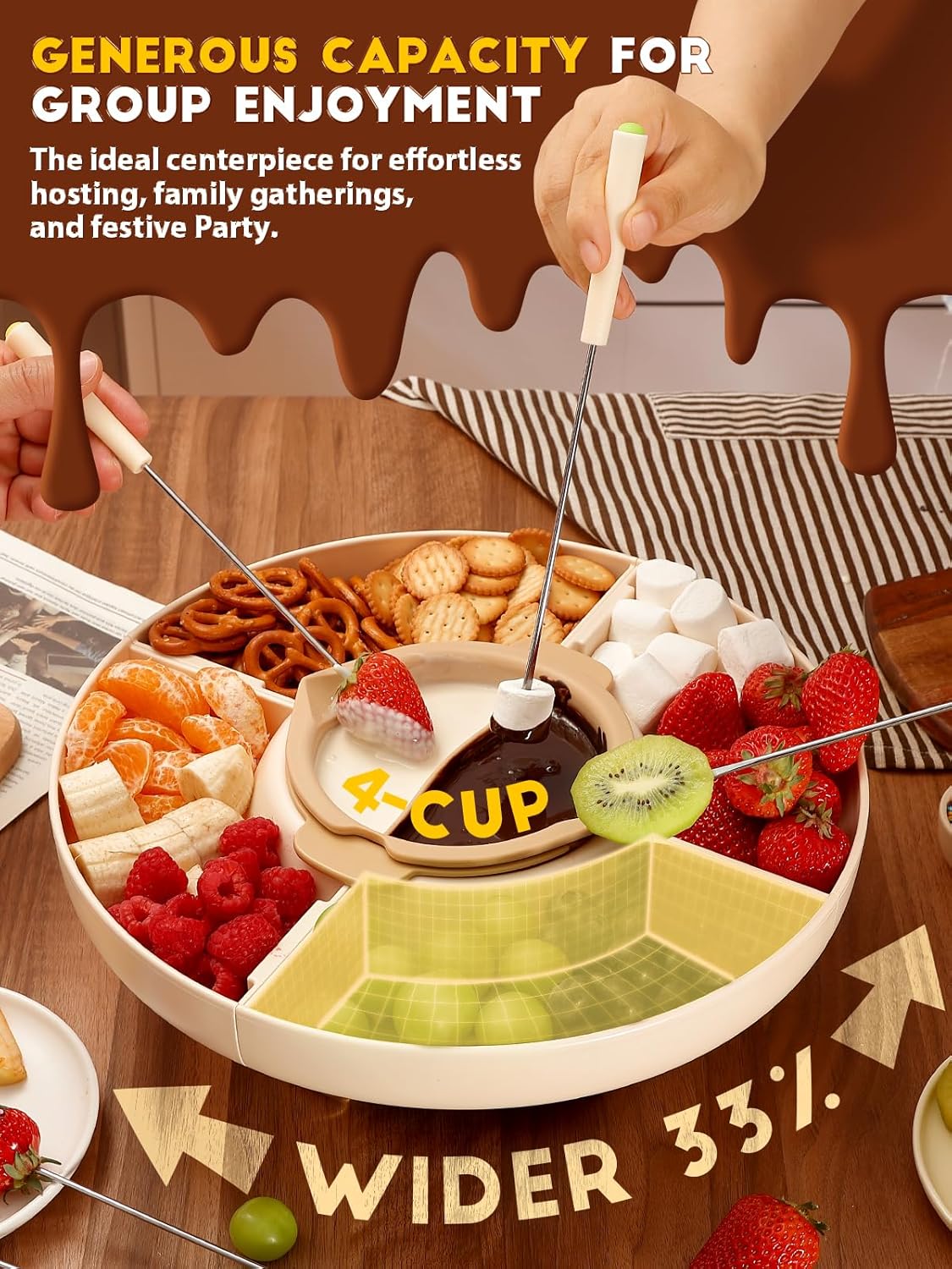 E+T18.04 Schokofondue Set elektrisch 800 ml Schokoladenschmelzer drehbare Servierschale Fondueset 4 Fächer 5 Fonduegabeln & Spatel Schokoladen Fondue Set Party Familie – Bild 2