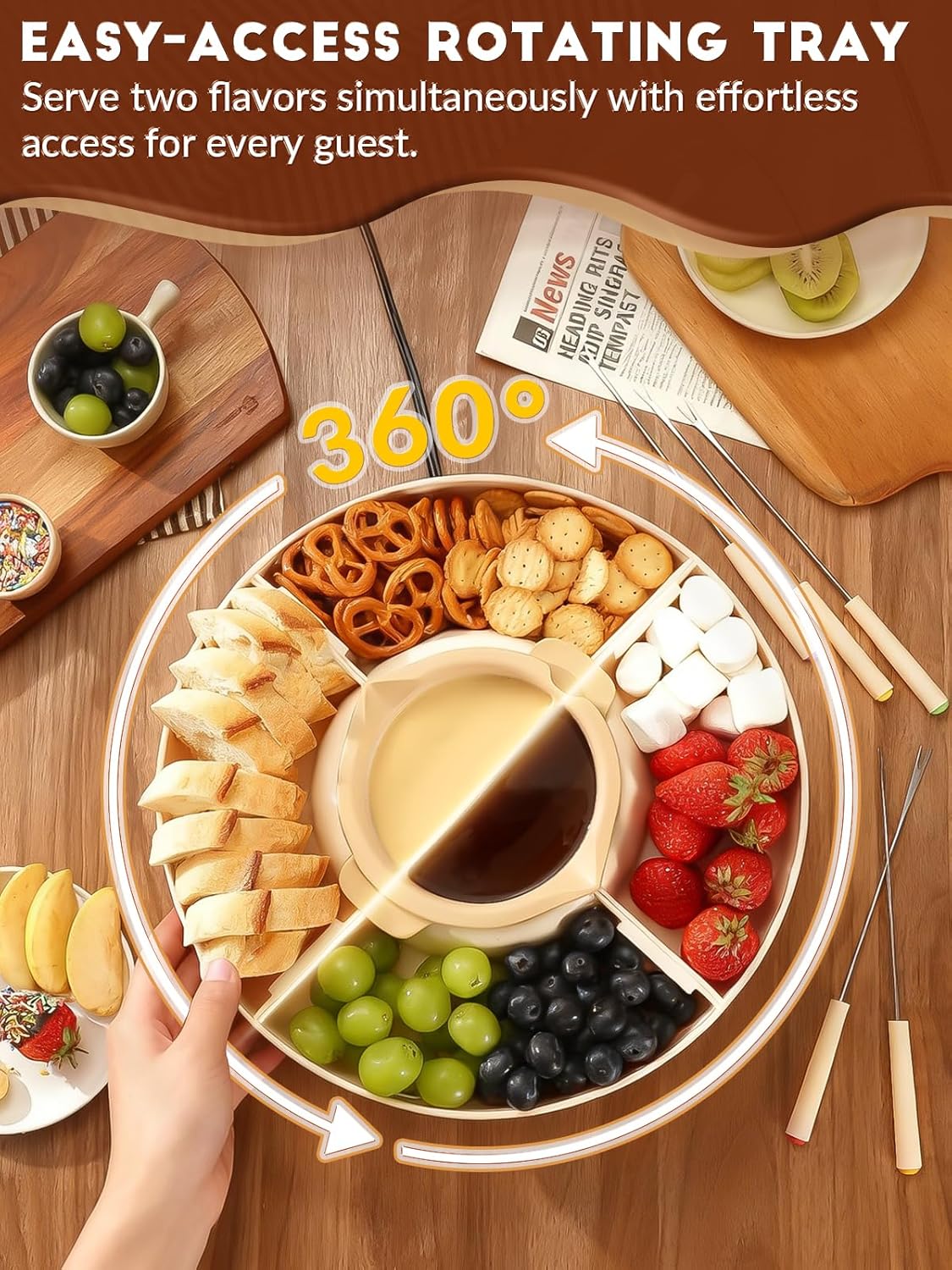 E+T18.04 Schokofondue Set elektrisch 800 ml Schokoladenschmelzer drehbare Servierschale Fondueset 4 Fächer 5 Fonduegabeln & Spatel Schokoladen Fondue Set Party Familie – Bild 4