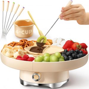 E+T18.04 Schokofondue Set elektrisch 800 ml Schokoladenschmelzer drehbare Servierschale Fondueset 4 Fächer 5 Fonduegabeln & Spatel Schokoladen Fondue Set Party Familie