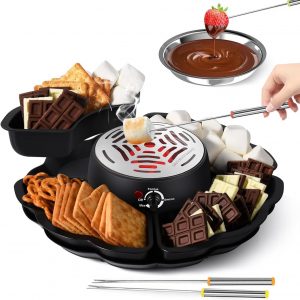 E+T18.05 Schokoladenschmelzer Schokofondue Set elektrisch 2 in 1 Maschine zum erhitzen von Marshmallows 4 Fächer 4 Fonduegabeln 3 Temperaturstufen Schokoladenfondue Set Party Familie Paare