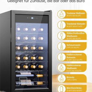 E+T17.06 Weinkühlschrank Weinflaschenkühlschrank Weinschrank Kühlschrank mit Glastüre 28 Flaschen 82 L freistehend schwarz Energieklasse G
