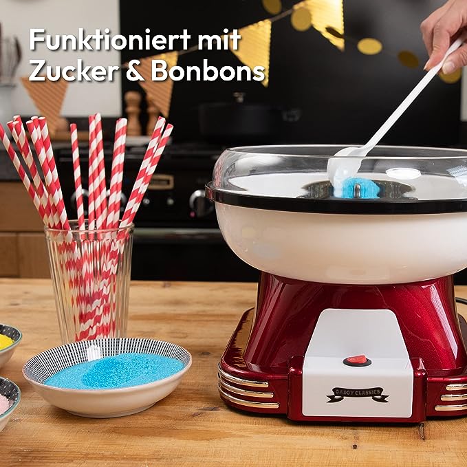 !GBT19 Zuckerwattemaschine privat Retro Machine Zuckerwatte Maschine mit Stäbchen und Messlöffel Höhe 22 cm Rot Weiß 500 Watt Zuckerwattemaschine für Zuhause